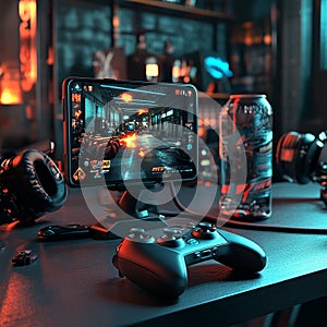 Mobile Gaming Setup with Phone Mounted on Controller and Backlit Accessories in a Dark Room Scene