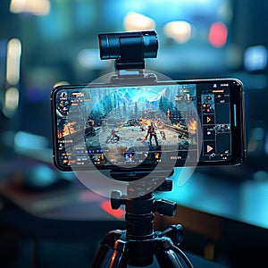 A mobile gaming setup with a phone mounted on a controller, ready for action. photo