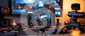 A mobile gaming setup with a phone mounted on a controller, ready for action. photo