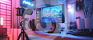 A mobile gaming setup with a phone mounted on a controller, ready for action. photo