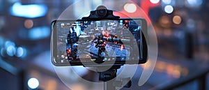 A mobile gaming setup with a phone mounted on a controller, ready for action. photo