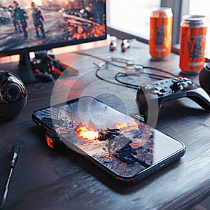A mobile gaming setup with a phone mounted on a controller, ready for action. photo