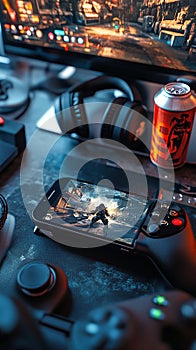 A mobile gaming setup with a phone mounted on a controller, ready for action. photo