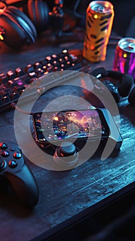 A mobile gaming setup with a phone mounted on a controller, ready for action. photo