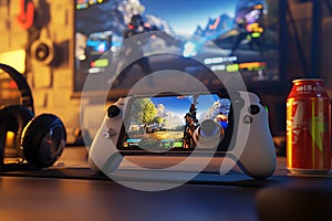 A mobile gaming setup with a phone mounted on a controller, ready for action. photo
