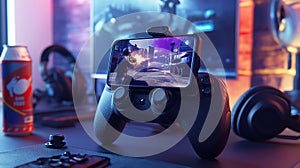 A mobile gaming setup with a phone mounted on a controller, ready for action. photo