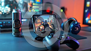 A mobile gaming setup with a phone mounted on a controller, ready for action. photo