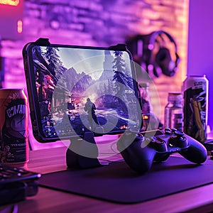 A mobile gaming setup with a phone mounted on a controller, ready for action. photo