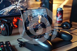 A mobile gaming setup with a phone mounted on a controller, ready for action. photo