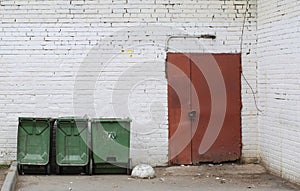 Mobile garbage containers green near the wall of the house