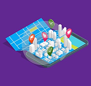 Mobile GPS City Navigation Maps Concept 3d Isometric View. Vector