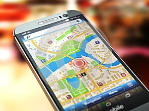 Mobile GPS navigation concept. Smartphone with city map on the s