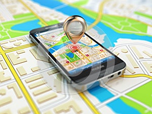 Mobile GPS navigation concept. Smartphone on map of the city,