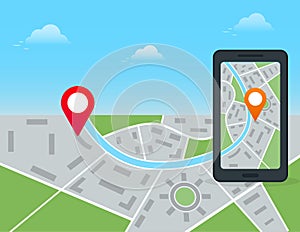 Mobile gps navigation and location tracking app concept. Black smartphone with city map and pin marker on touch screen isolated on