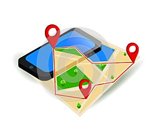 Mobile GPS navigation map and pin marker with modern digital device.