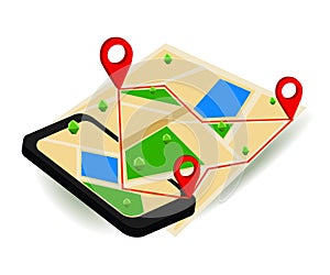 Mobile GPS navigation map and pin marker with modern digital device.