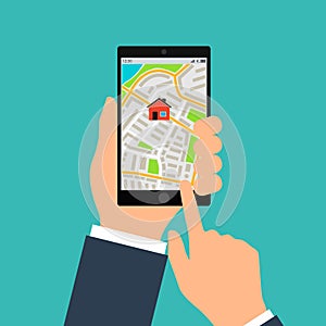 Mobile gps navigation on mobile phone. Hand holds smartphone with city map on screen. Vector illustration flat design