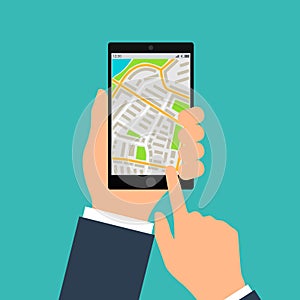 Mobile gps navigation on mobile phone. Hand holds smartphone with city map on screen. Vector illustration flat design