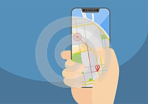 Mobile GPS navigation and routing concept with hand holding modern bezel-free smartphone. Vector illustration