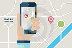 Mobile GPS navigation service. Hand holding mobile phone with navigation application.
