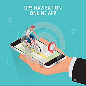 Mobile GPS navigation, travel and tourism concept. View a map on the mobile phone on bike and search GPS coordinates