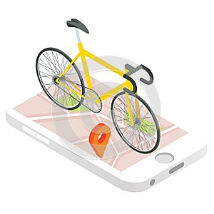 Mobile GPS navigation vector icon. Isometric 3d illustration. Bike on a top of mobile phone with city map on a screen