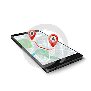 Mobile GPS system concept. Mobile GPS app interface. Map on phone screen with route markers. Vector illustration