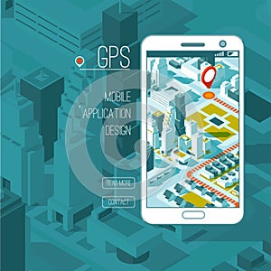 Mobile gps and tracking concept. Location track app on touchscreen smartphone, isometric city map