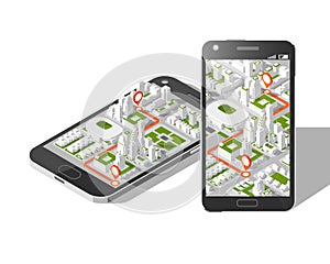 Mobile gps and tracking concept. Location track app on touchscreen smartphone, on isometric city map