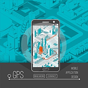 Mobile gps and tracking concept. Location track app on touchscreen smartphone, on isometric city map