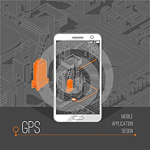 Mobile gps and tracking concept. Location track app on touchscreen smartphone, on isometric city map