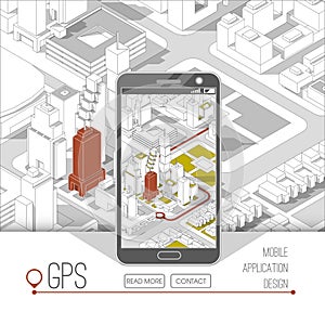 Mobile gps and tracking concept. Location track app on touchscreen smartphone, on isometric city map