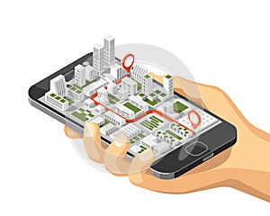 Mobile gps and tracking concept. Location track app on touchscreen smartphone, on isometric city map background