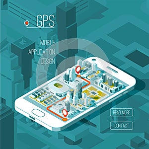 Mobile gps and tracking concept. Location track app on touchscreen smartphone, isometric city map