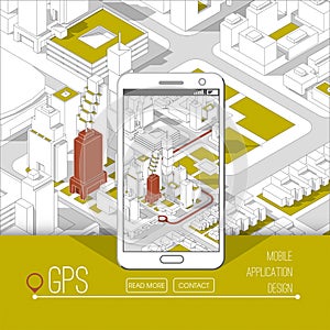Mobile gps and tracking concept. Location track app on touchscreen smartphone, on isometric city map