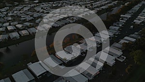 Mobile Home Community Flyover Aerial View at Dusk