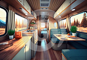 mobile home interior. Auto house inside. Living room and dining room. Dinner table