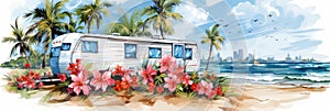 mobile home on sea coast near palm trees and pink flowers, cartoon style web banner