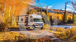 A mobile home stands next to a mountain road in bright autumn. Autumn vacation in a camper