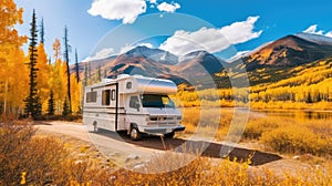 A mobile home stands next to a mountain road in bright autumn. Autumn vacation in a camper