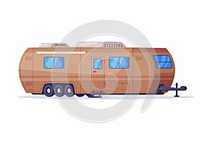 Mobile home on wheels. Side view of family camping recreational vehicle, RV trailer caravan vector illustration