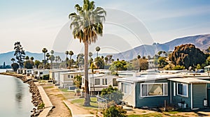 Mobile homes by a lakeside with palm trees and hills in the background