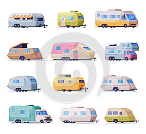 Mobile homes for outdoor summer adventures set. Travel recreational vehicles for family travel vector illustration