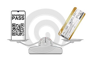 Mobile hone with Boarding Pass Application with Two Golden Business or First Class Airline Boarding Pass Fly Air Tickets on a