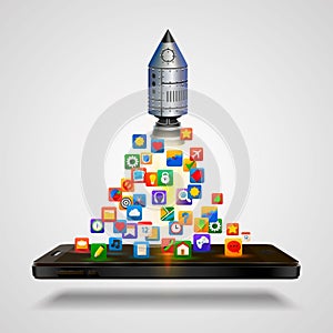 Mobile icons app rocket on the white background.