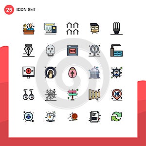 Mobile Interface Filled line Flat Color Set of 25 Pictograms of energy saving, shut, estate, opponent, hostage