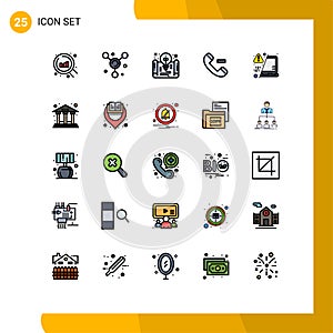 Mobile Interface Filled line Flat Color Set of 25 Pictograms of warn, laptop, file, decode, contact