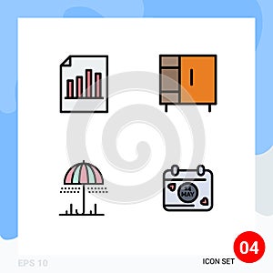 Mobile Interface Filledline Flat Color Set of 4 Pictograms of document, rain, report, home, weather