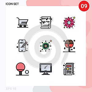 Mobile Interface Filledline Flat Color Set of 9 Pictograms of apple, money, flower, seo, phone