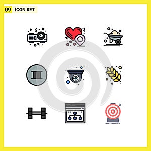 Mobile Interface Filledline Flat Color Set of 9 Pictograms of dish, design, farming, camera, symbols